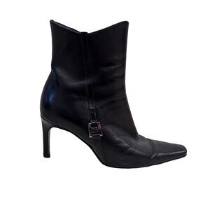 Black Leather High Pointed Toe Ankle Boots Buckle Elegant 36 5.5-6